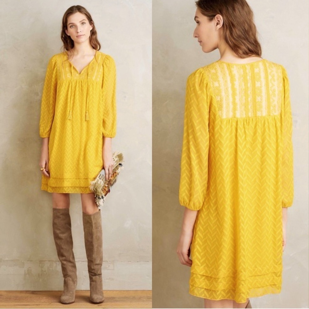 One September • Anthropologie Anwen Peasant Dress mini swing Maize gold yellow - Picture 12 of 12